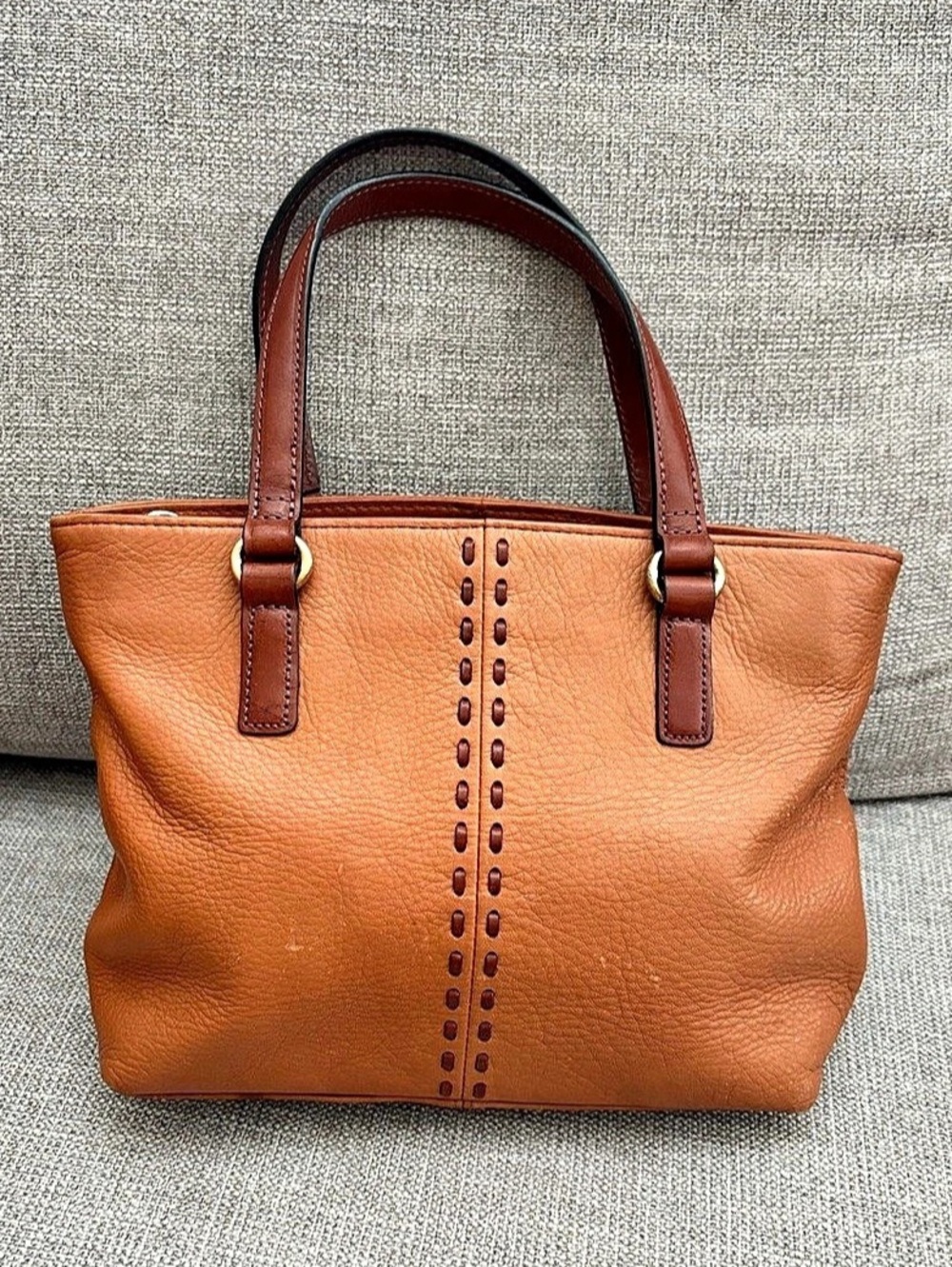 Vintage Fossil Small Pebbled Leather Satchel Bag Tote - Caramel Brown / Cognac